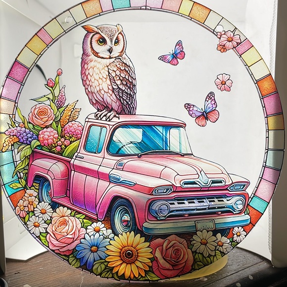 Suncatcher Acrylic Owl & Vintage Pick Up Truck Butterfly Floral Design 8” Gift - Picture 3 of 3